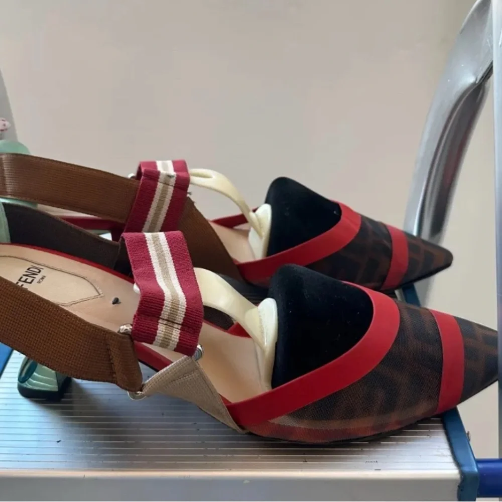 Fendi Technical Mesh Slingback Heels | Colibri Pumps 41 EU Red & Brown ❤️🤎 - Picture 4 of 11